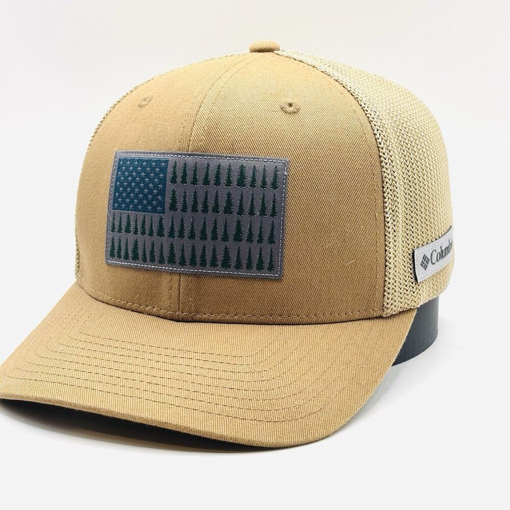 Columbia PFG Tree Forest Flag Mesh Trucker Style Hat Khaki FlexFit Size S/M